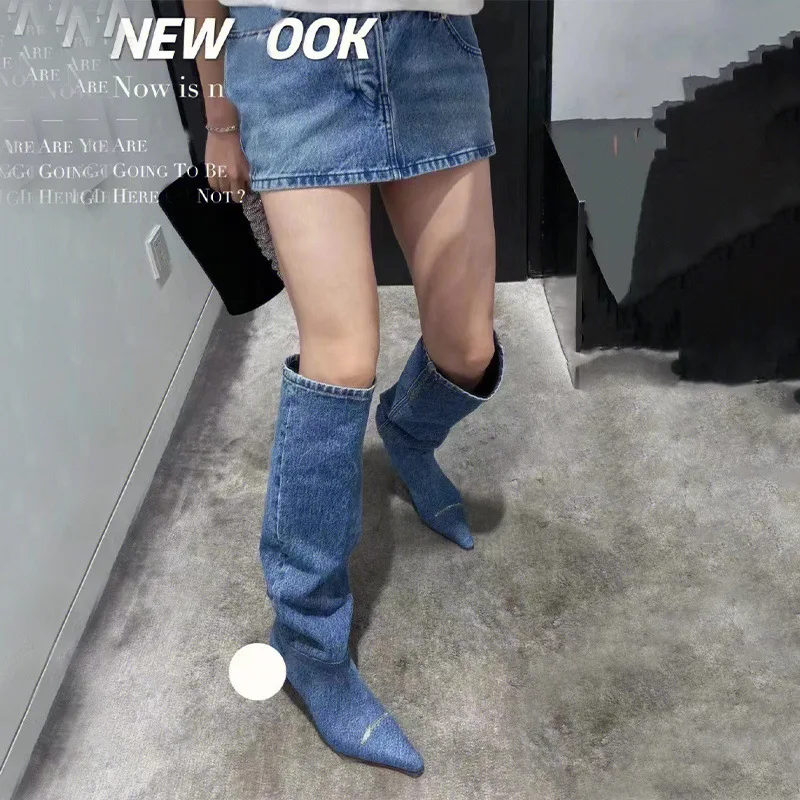 Pleated Chunky Heels Cowboy Boots Women 2024 Autumn Blue Knee High Denim Boots Woman Plus Size 39 Pointed Toe Western Long Boots