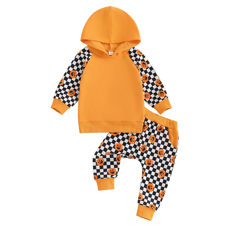 

Toddler Boy Halloween Outfits Ghost Pumpkin Plaid Print Long Sleeve Hood Sweatshirt with Elastic Waist Pants 2Pcs Set