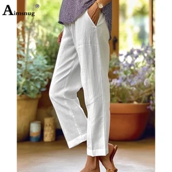 Plus Size 5xl Women High Waist Casual Linen Trousers Female Straight Pants Girls Streetwear 2023 Autumn Solid Basic Pants White