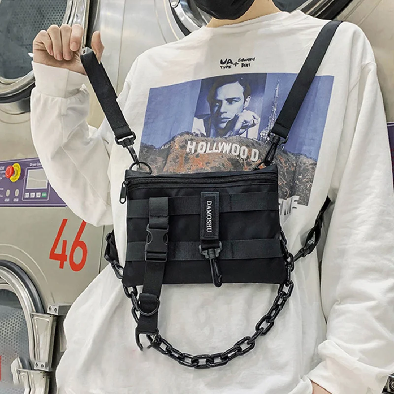 

Hip-hop Streetwear Men's Chest Packs High Quality Nylon Chain Crossbody Bags Casual Solid Color Knapsack Tactical Rig Bag