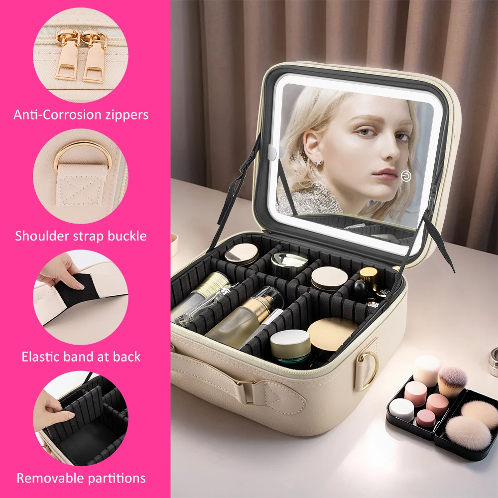 Missmeeca-Trousse de maquillage de voyage avec miroir lumineux LED, trousse de train cosmétique, organisateur cosmétique (blanc)