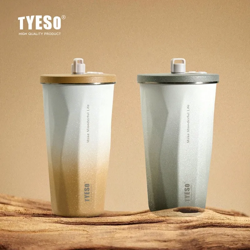 TYESO 600ml Gradient Thermos Cups Keep Cold & Hot Coffee Mug with Portable Handle＆Straw BPA-Free Cups Leak-proof Car Ice Tumbler