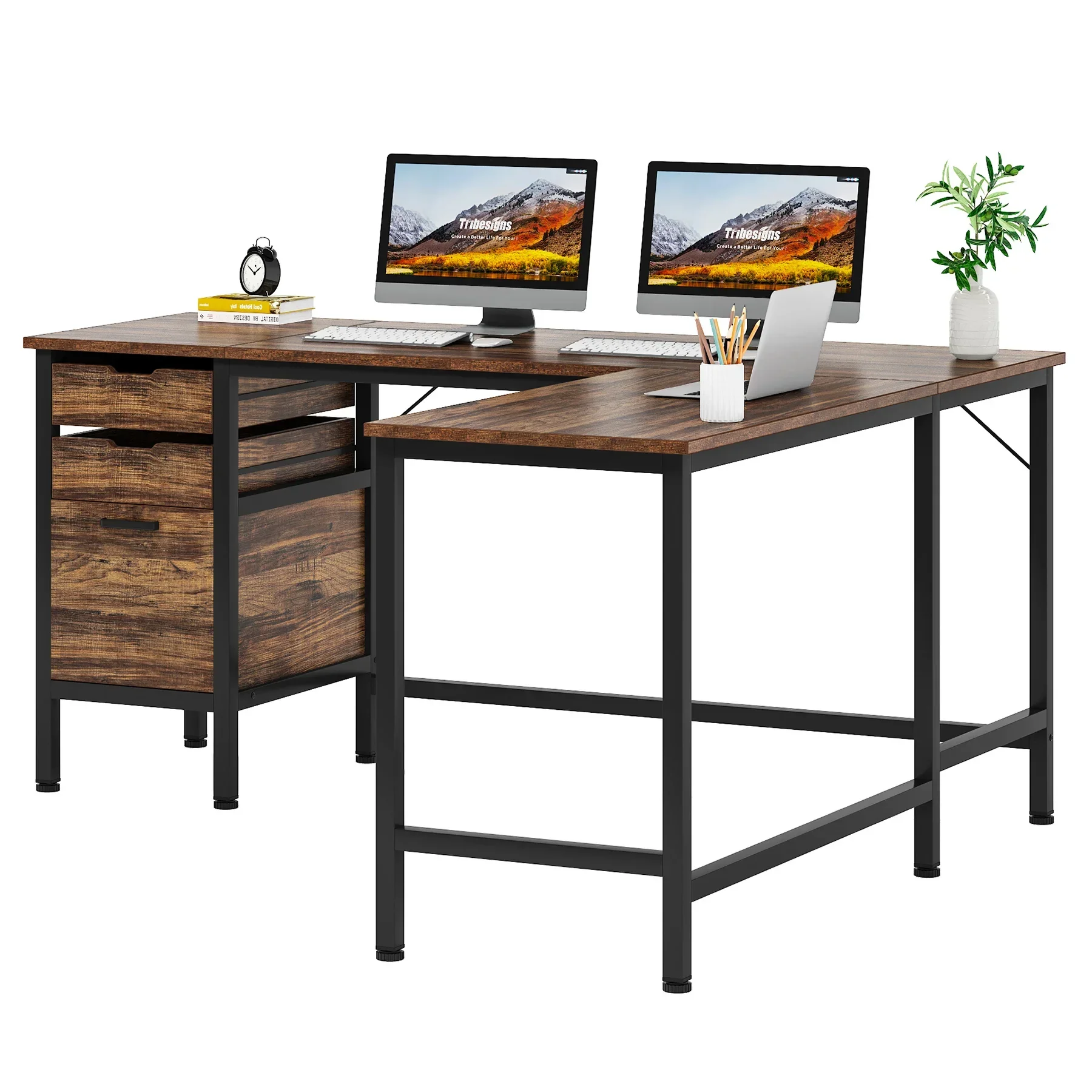 Tribesigns L Shaped Desk with File Drawer Cabinet, 59 Inch Corner Desk L Shaped Computer Desk with Drawers, Rustic Brown