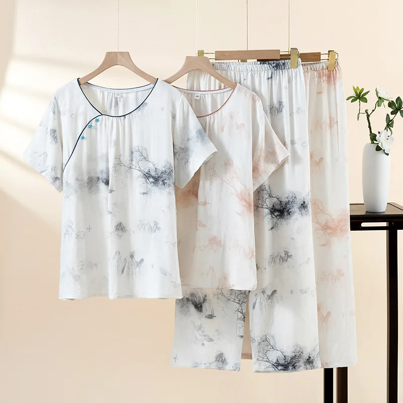 

Sexy Short Sleeve Pants Pajamas Set for Women's Summer Autumn Thin Bamboo Fiber Retro Elegant Loungewear Set