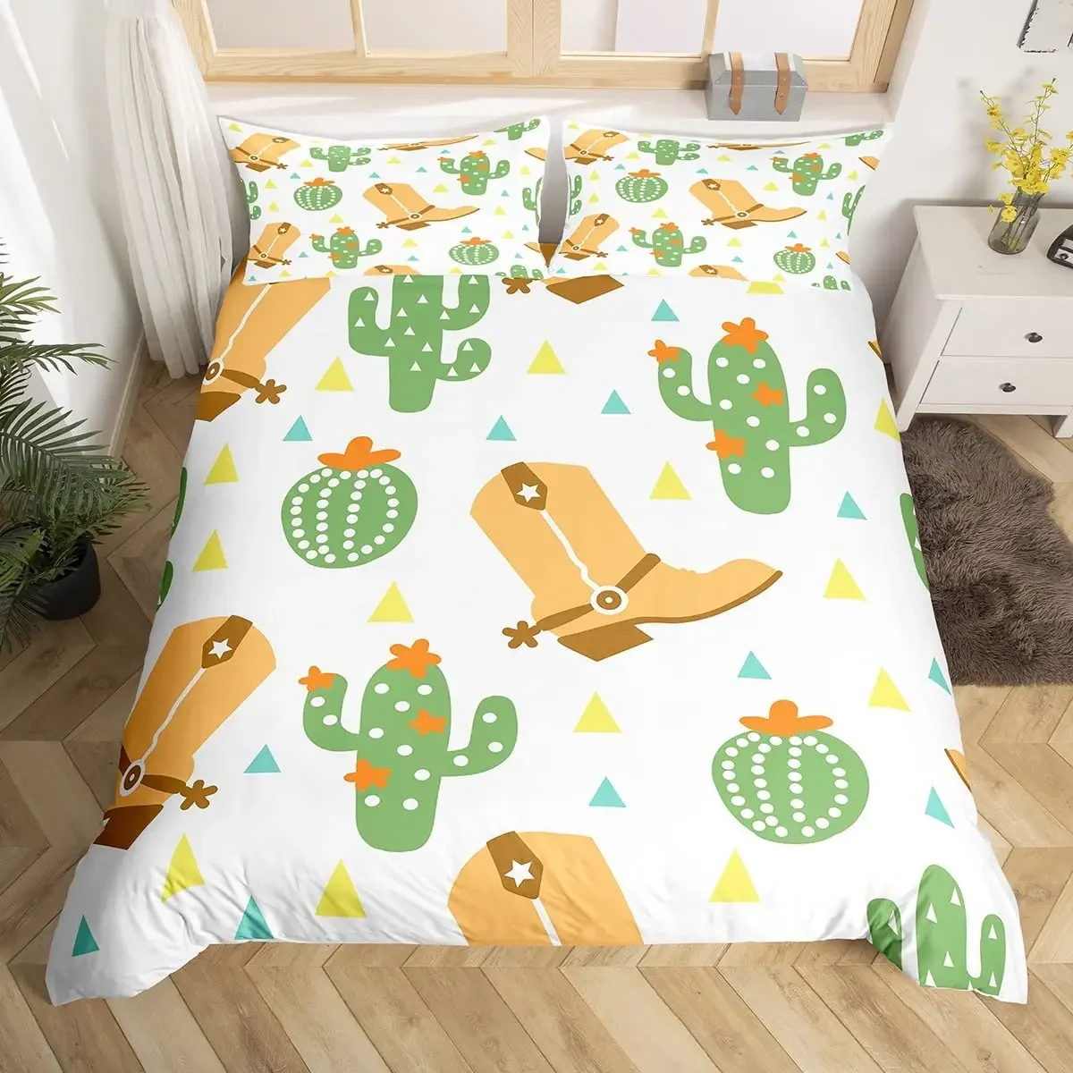 Lovely Cactus Duvet Cover Queen Cute Desert Botanical Bedding Set Microfiber Cartoon Flowers Comforter Cover 2/3pcs for Boy Teen