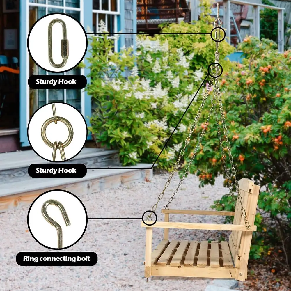 Balançoire de porche suspendue en bois pour 2 personnes, banc de patio avec dossier incurvé, terrasse et balançoire de jardin, naturel, 46