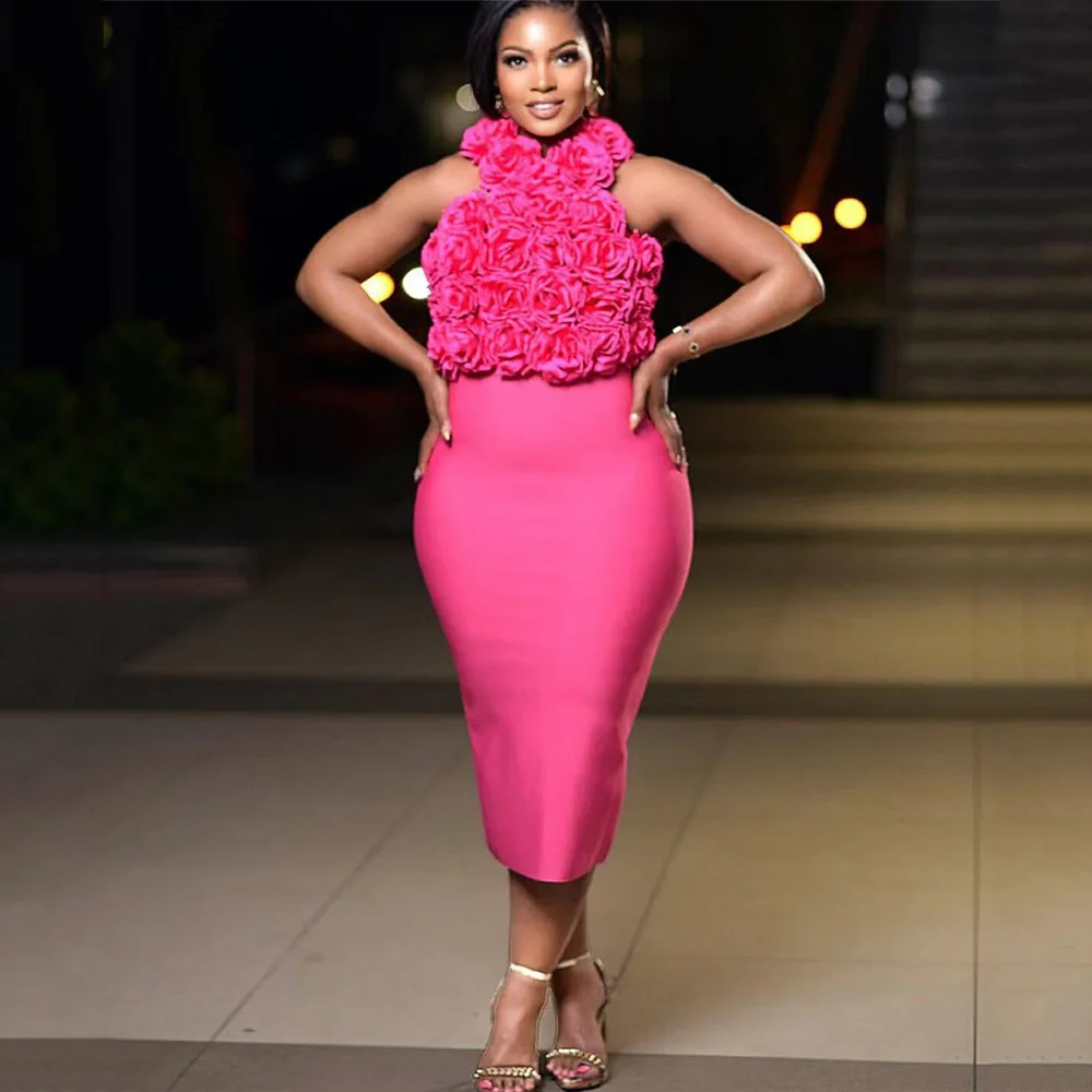 

2025 Rosered White Women Sexy Halter Off the Shoulder Backless Bodycon Long Bandage Dress Florals Celebrate Nightclub Party Wear