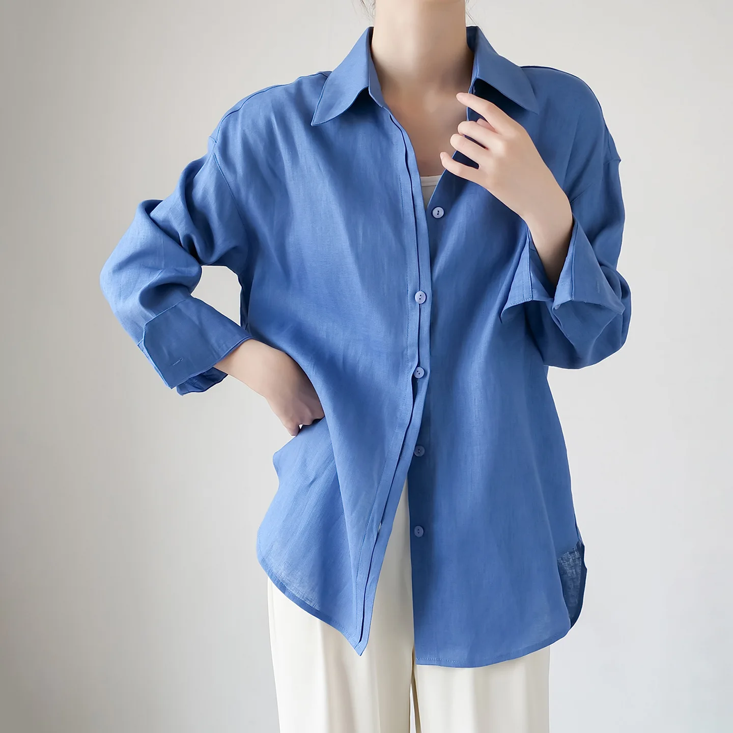 

100% All-linen Shirt Women's Design Loose Lapel Long-sleeved Shirt 25 Summer Light and Thin Air-conditioned Shirt