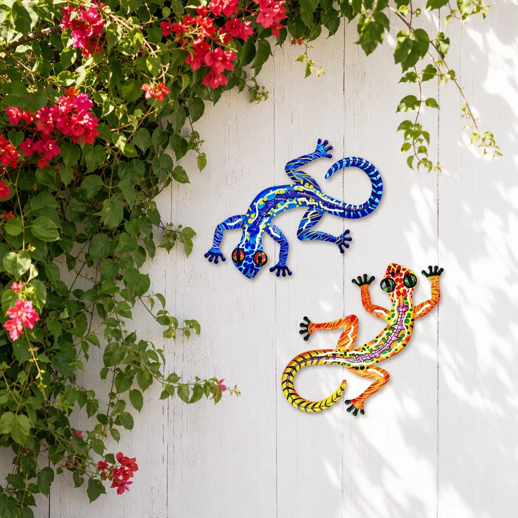 GEEYANG 1PC/2PCS Colorful Metal Lizard Wall Hanging Decor Iron Gecko Sculpture Outdoor Garden Patio Fence Art for Porch Balcony
