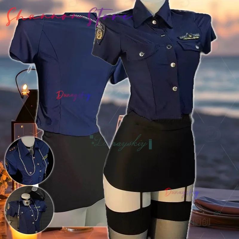 

Женская униформа стюардессы авиакомпании, юбка с воротником полиции, черные шелковые носки с ремешками, рубашка органов로윈 의상, вечерние подарок на день Святого Валентина