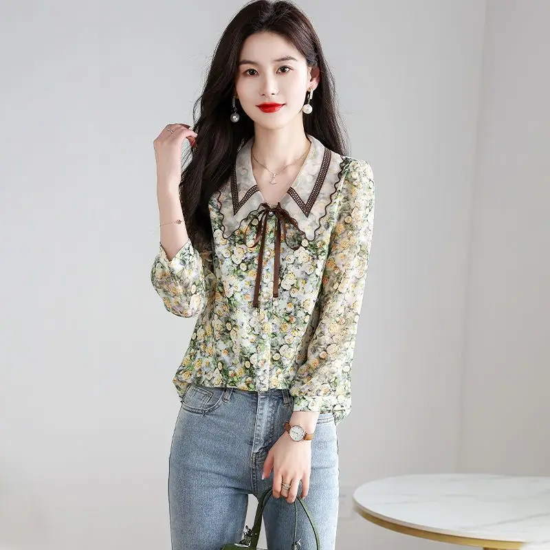 Floral Chiffon Button Blouse Summer New 3/4 Sleeve Lacing Loose Print Office All-match Shirt Tops Elegant Fashion Women Clothing