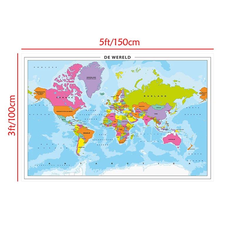 150x100cm Map of The World In Dutch Non-woven Painting Wall Poster Office Home Decoration School Classroom Supplies