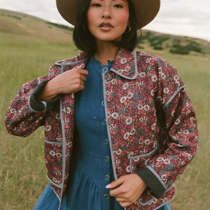 

Classic Casual Faionable Floral Cotton Jaet Versatile Slimming Trendy Lazy Sle Commute Artistic Loose Fit Long Sve