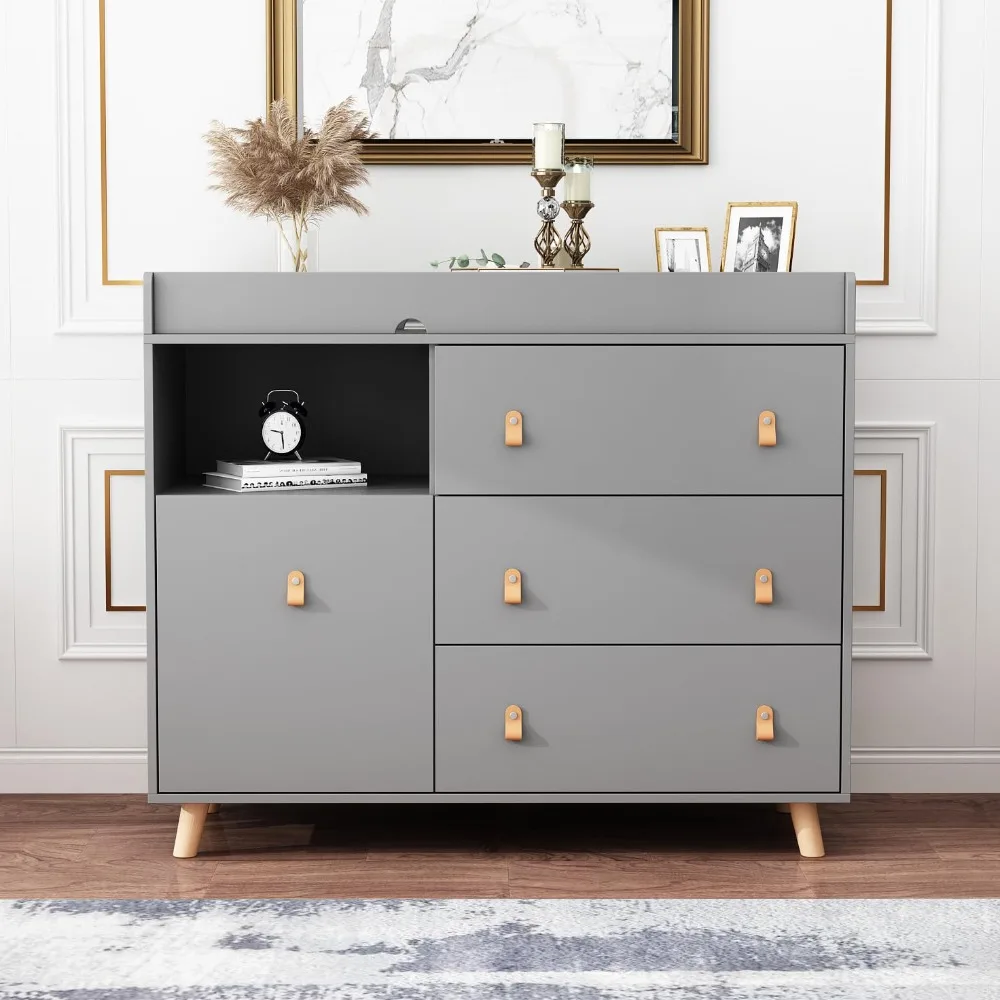 Baby Dresser Changing Table, Two In One Nursery Chest, Drawers Shelf And Hidden Laundry Basket, Infant Storage Solution