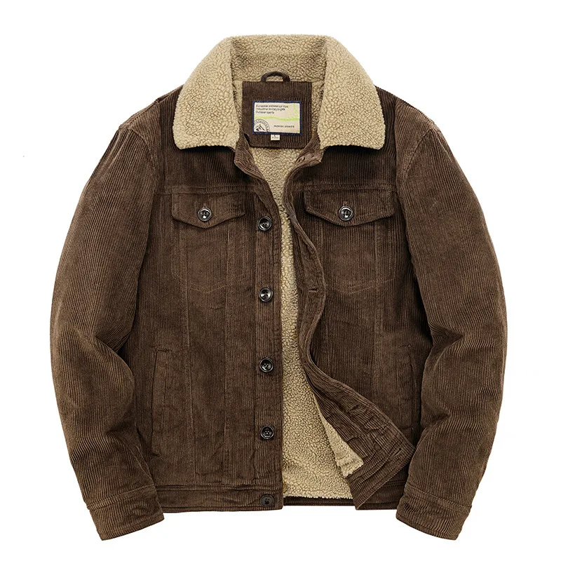 Winter Men's Corduroy Lapel Cotton Jacket 2025 Winter Short Style Fleece Lined Thickened Plus Size Pure Cotton Outerwear
