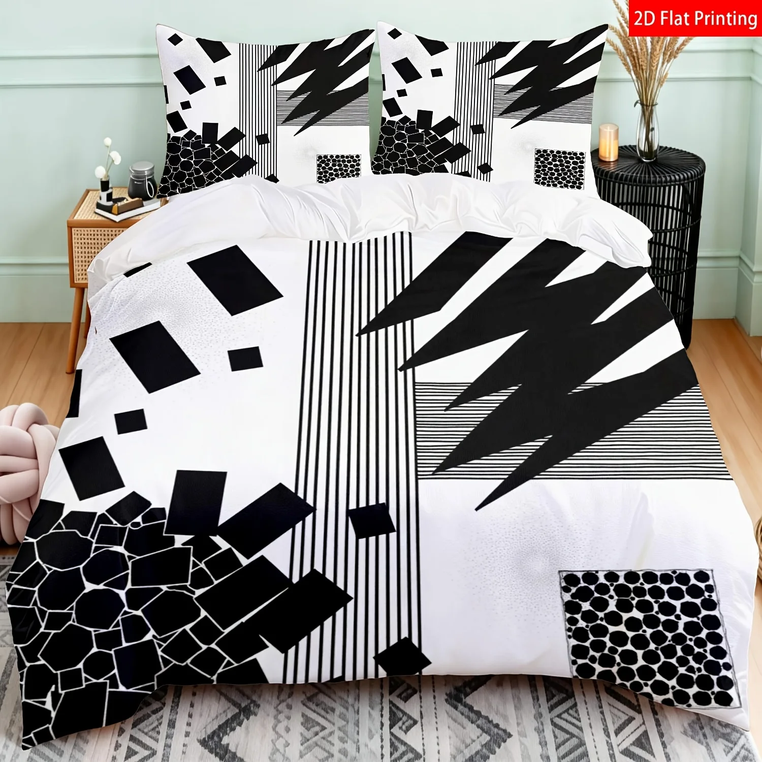 Soft Duvet Cover Set of Three 2D Flat Printed Duvet Cover Set Modern Minimalist Bed Cover Set Abstract Geometric Patchwork Duvet Cover with Pillowcases Machine Washable, Invisible Zipper, Large Duvet Cover Set, Bedding Set Quilt Cover