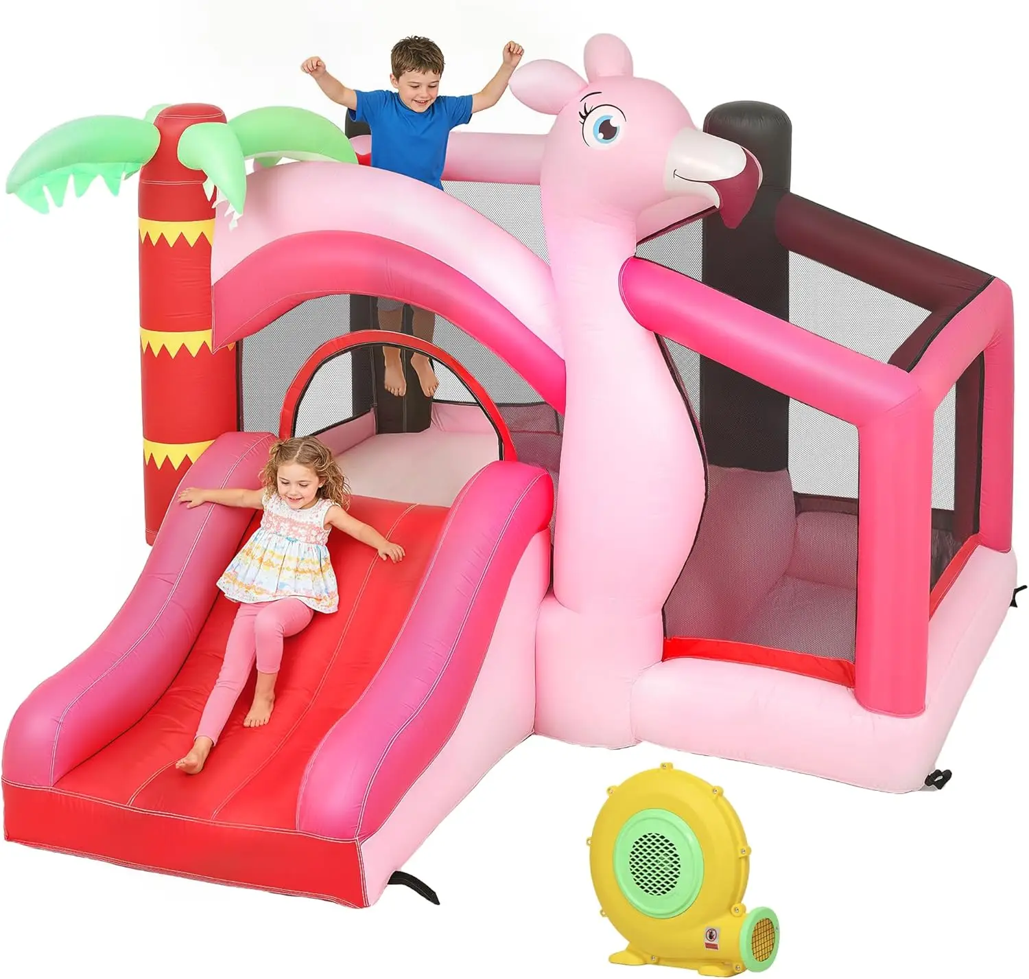 4-in-1 Kids Inflatable Bouncy Castle with Slide, Ball Pit, and Basketball Hoop, Includes Blower for Indoor/Outdoor Backyard Parties, Pink