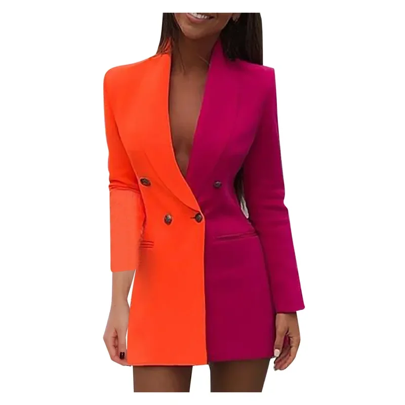 Elegant V neck office lady suit dress Spring Autumn long sleeve party dress women colorblock casual blazer mini dress robe