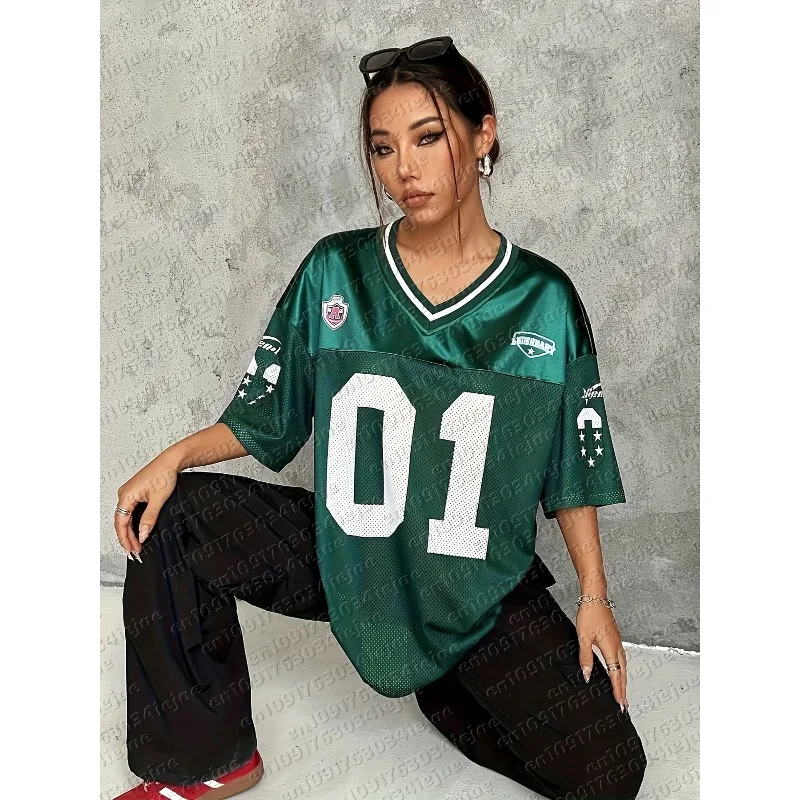 2026 Summer American Sportswear Fashion V-neck T-shirt Sweatshirt Man Kid Loose Quick-drying Casual Versatile Hip-hop Street Top