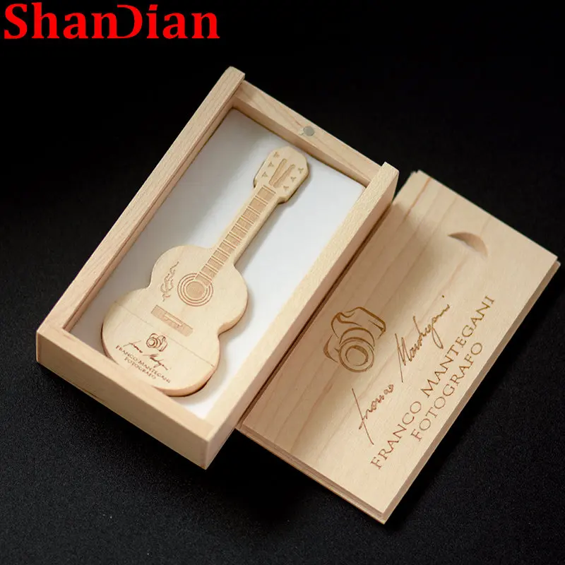 SHANDIAN Wooden BOX Guitar 64GB USB Flash Drive Wedding Gifts 32GB Pendrive Free Custom LOGO Memory Stick Maple 2.0 16GB U Disk