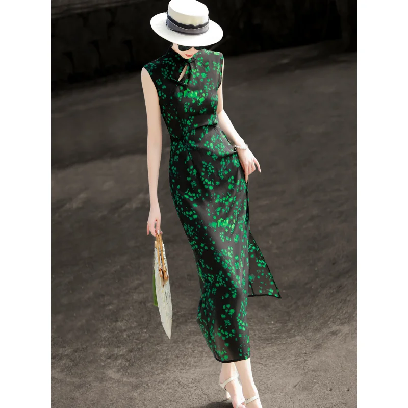 MEXCOCO 2026 Summer New Chinese Style Floral Cheongsam Dress, Retro Elegant 100% Mulberry Silk Dress