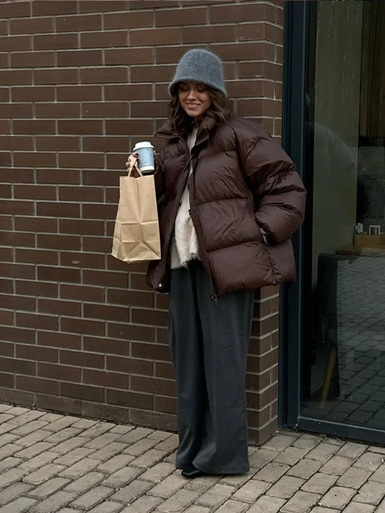 Women Vintage Chocolate Fluffy Quilted Cotton Coats Fashion Stand Collar Long Sleeves Zipper Jacket Lady Winter Warm Outerwear