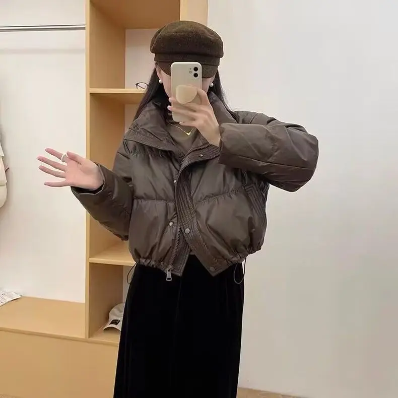 Pu Leder Crop Puffer Jacke Winter Warme Kurze Parkas Frauen Y2K Mode Weibliche Lose Streetwear Zipper Langarm Unten Mäntel