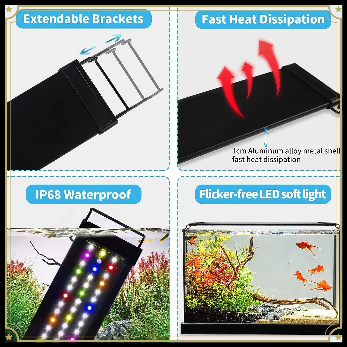 LED Fish Tank Clip Light, High Light Transmission Bracket with Plant Spectrum, Full Spectrum Aquarium Light for Seawater