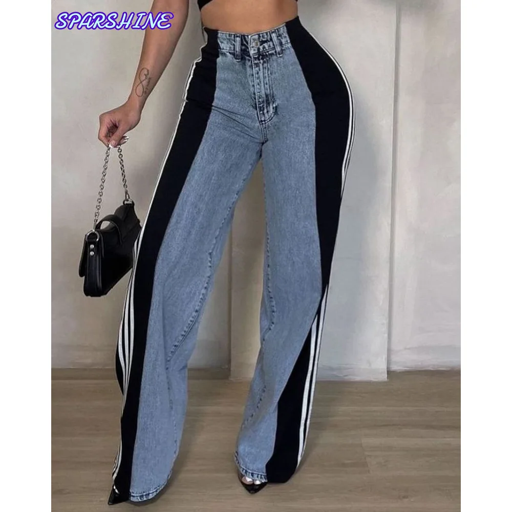 

Fashion splicing three stripe wide leg denim pants for women's new casual high waisted elastic straight leg jeans streetwear