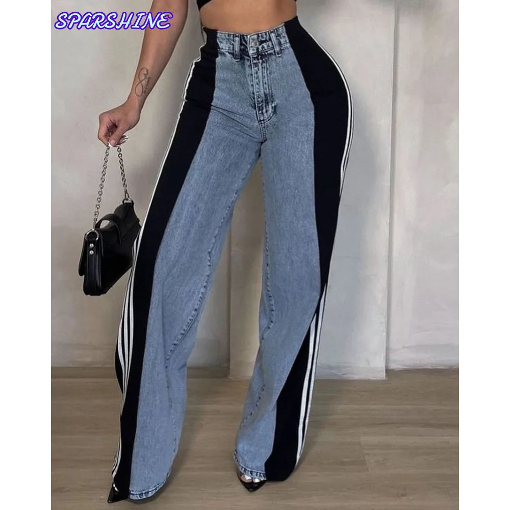 Fashion splicing three stripe wide leg denim pants for women's new casual high waisted elastic straight leg jeans streetwear