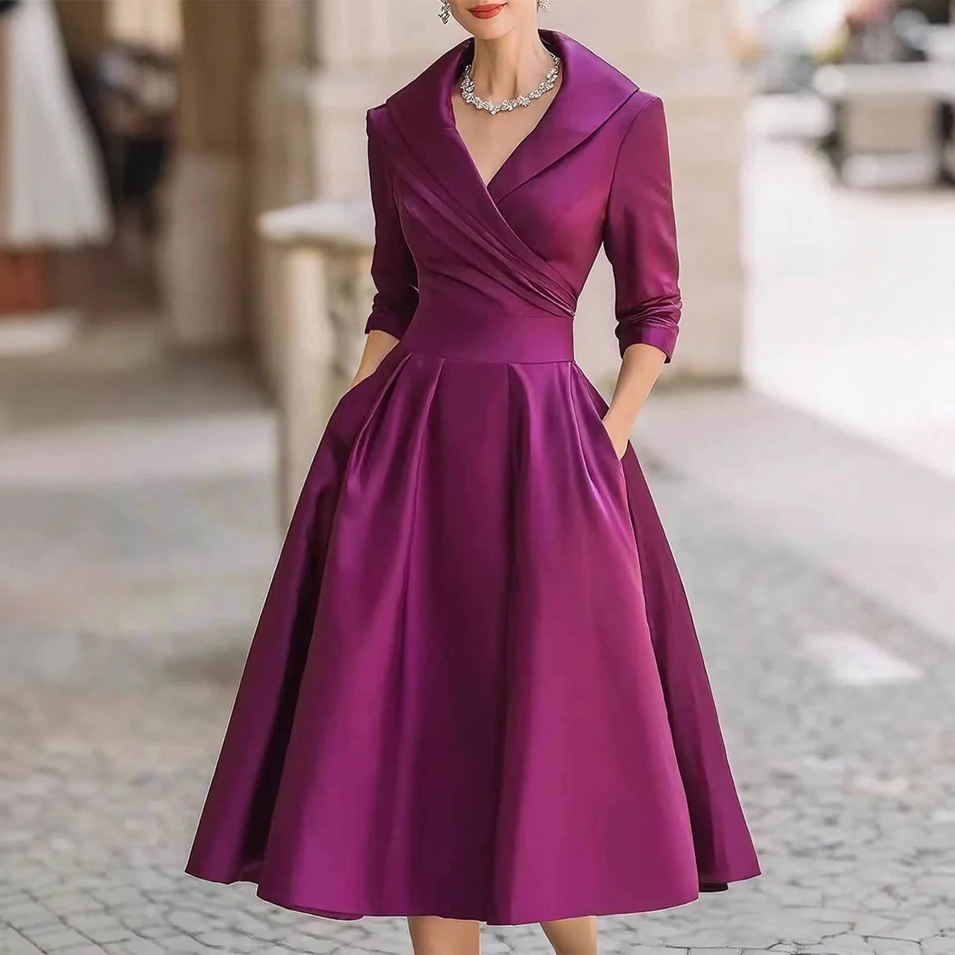 

Women Elegant Wedding Guest Dress Turndown Collar Mid-Length Waisted A-Line Evening Dress Cocktail Party Satin Midi Dresses