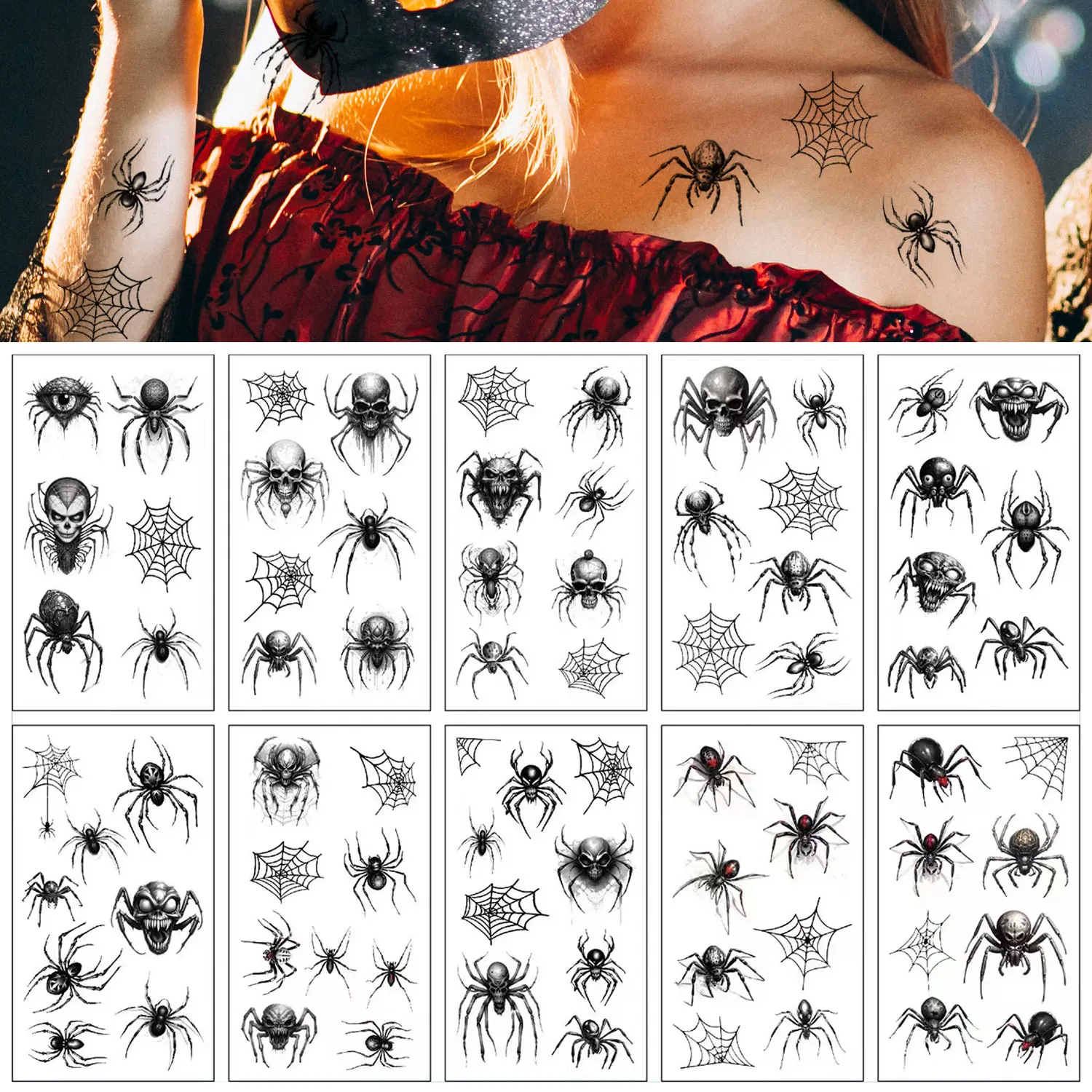 

10pcs Halloween Spider Tattoo Stickers, Spider Web Skull Pattern Temporary Tattoo, Waterproof Tattoo Sticker for Halloween Party