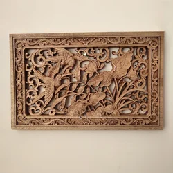 1pc Rectangular Wood Carving Crafts Solid Wood Hollow Lotus Flower Decal Living Room Decoration Chinese Style Home Accessories