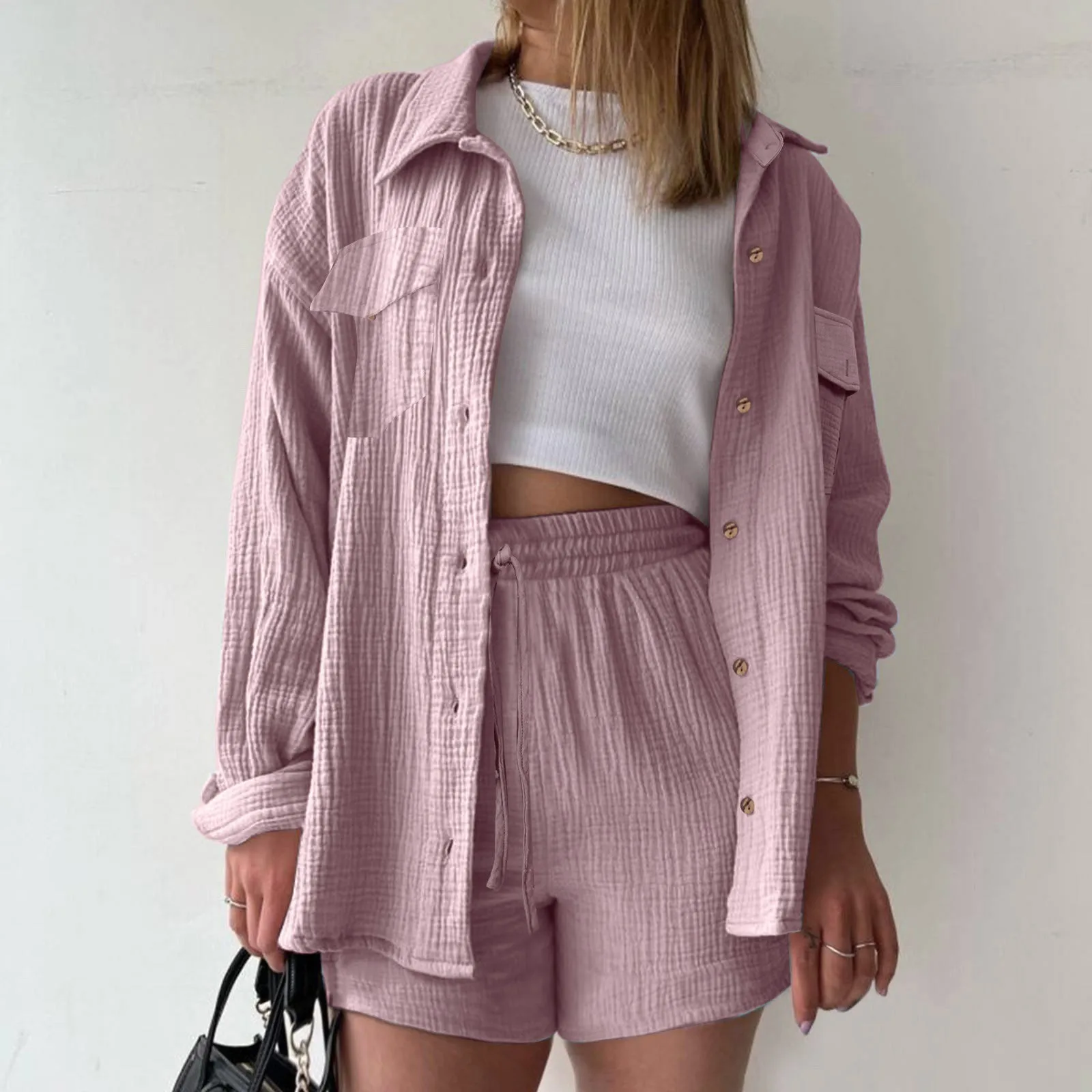 

Short Sets Female Cotton Shirt Solid 2-Pcs Set Casual Long Sleeve Button Outfits Suit Streetwear Loose Fit High Waisted Pant