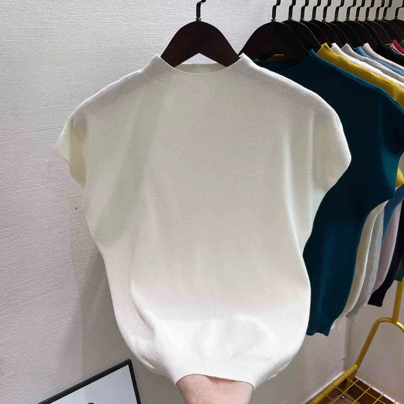 

Вязаный свитер, женские пуловеры, новый белый вязаный свитер с коротким рукавом и воротником-стойкой, пуловер, женские топы, свитера, женская одежда Q1265