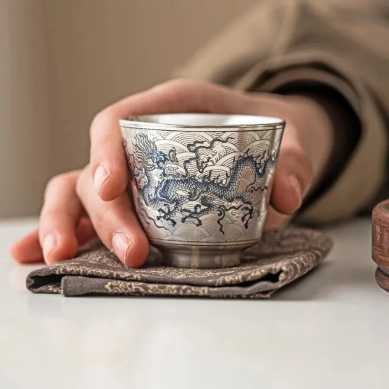 

1Pc Handmade 999 Silver Blue and White Dragon Pattern Teacup Household Tea Cup Teacup Chinese High-end Kung Fu Te Set Master Cup