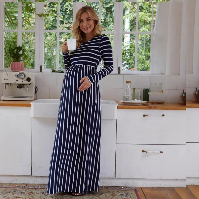 

Maternity Dresses Photoshoot Striped Maternity Clothes Round Neck Long Sleeve Dress for Pregnant Women AutumnPregnancy Clothing