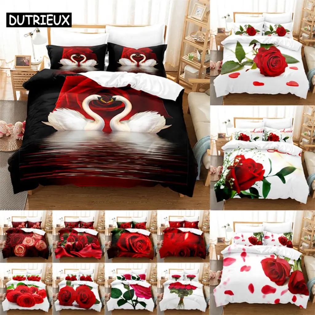 

3D Red Rose Print - 3PCS Duvet Cover Set, Available in King, Queen, Full, Single & Double Sizes