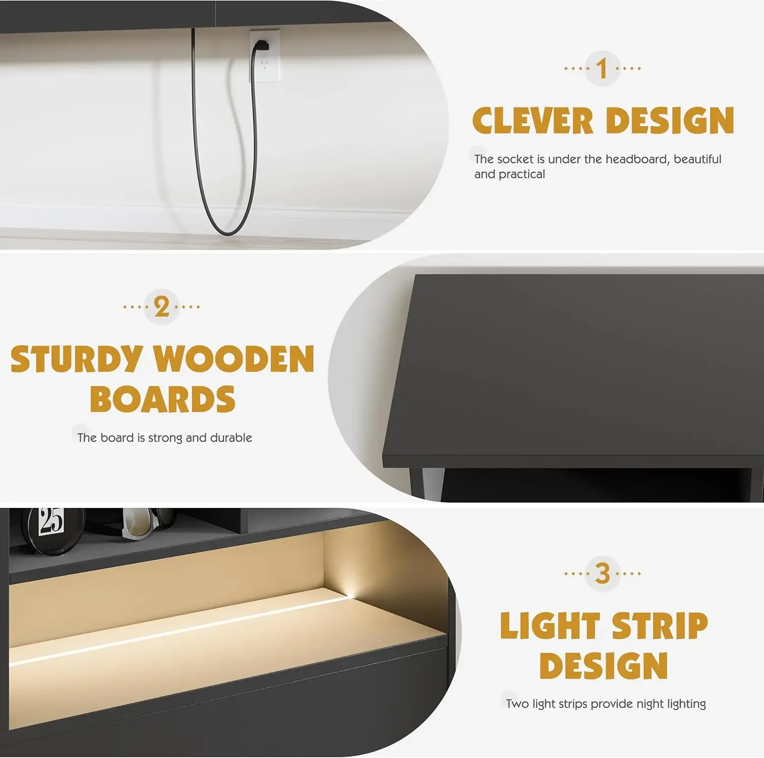 King Size Headboard only for Bedroom, Stylish King Bookcase Headboard with Built-in Charging Station & 2 LED Lights image 4
