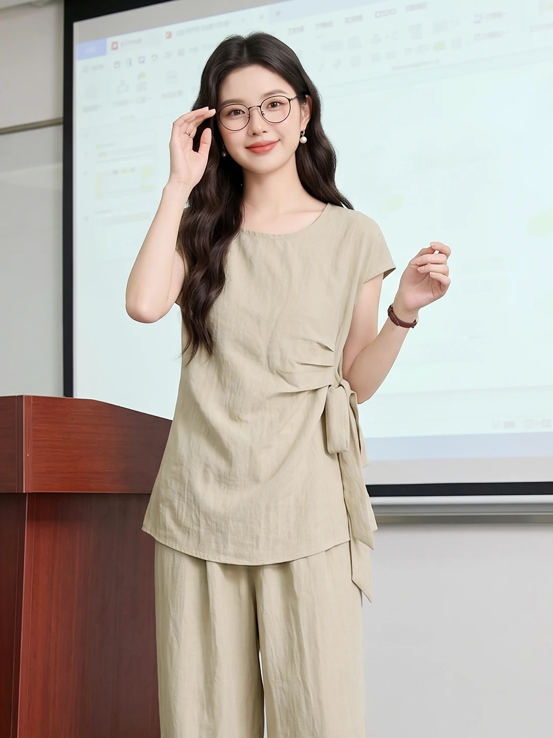 Summer Fashionable Short Sleeve Top And Wide Leg Pants Women's Two Piece Set Beautiful Ageless Stylish Complete Outfit