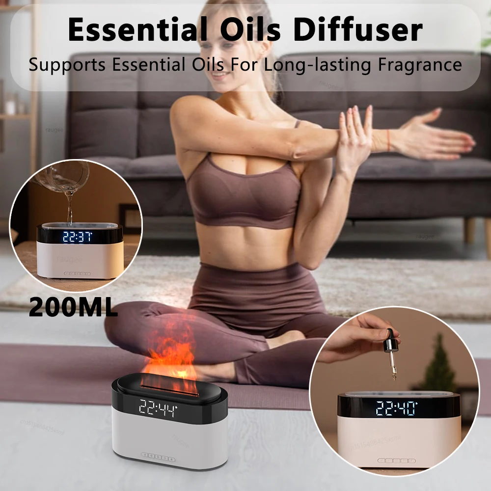아로마 가습기 에센셜 오일 디퓨저 불꽃 모양 가습기 향기 디퓨저 알람 시계 리모컨 조명 포함