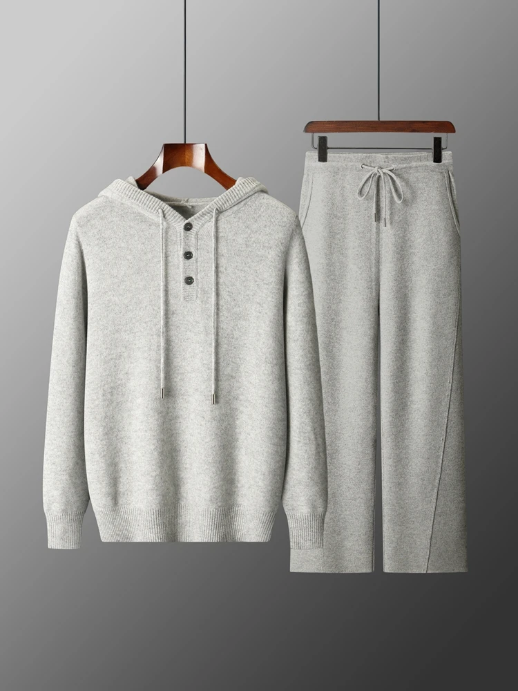 

CHICUU Autumn Winter Men's 100% Wool Knitted Set Hoodie Pullover Sweater Wide Leg Pants Thick Warm Cashmere Knitwear Trousers