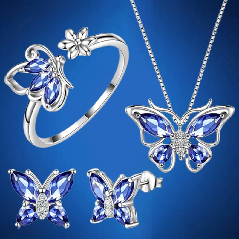 Butterfly Jewelry Set For Women Butterflies Birthstone Pendant Necklace/Earrings/Rings Wedding Anniversary Gift Jewelry