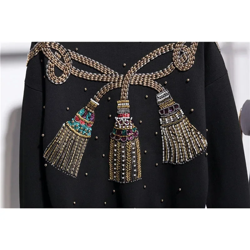 

Модный черный спортивный костюм, вязаная одежда, женский комплект из 2 предметов, свитер ручной работы с бисером, брюки-карандаш, свободный вязаный костюм, женская уличная одежда