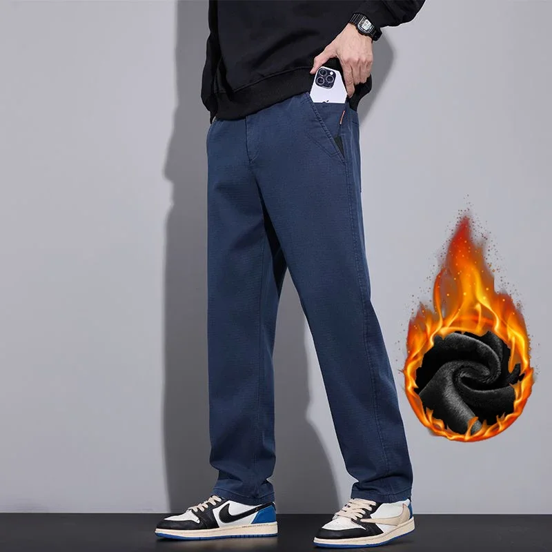 

2025 Men Snow Warm Plush Fleece Pants Male Trend Fashion Versatile Sweatpants Baggy Straight Leg Slim Fit Daily Casual Pants