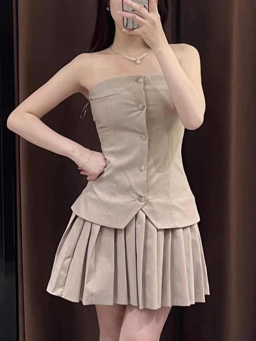 Woman Fashion Single Breasted Pleated Decoration Strapless Dress Women Summer Stripe Sleeveless Gingham Party Mini Dress