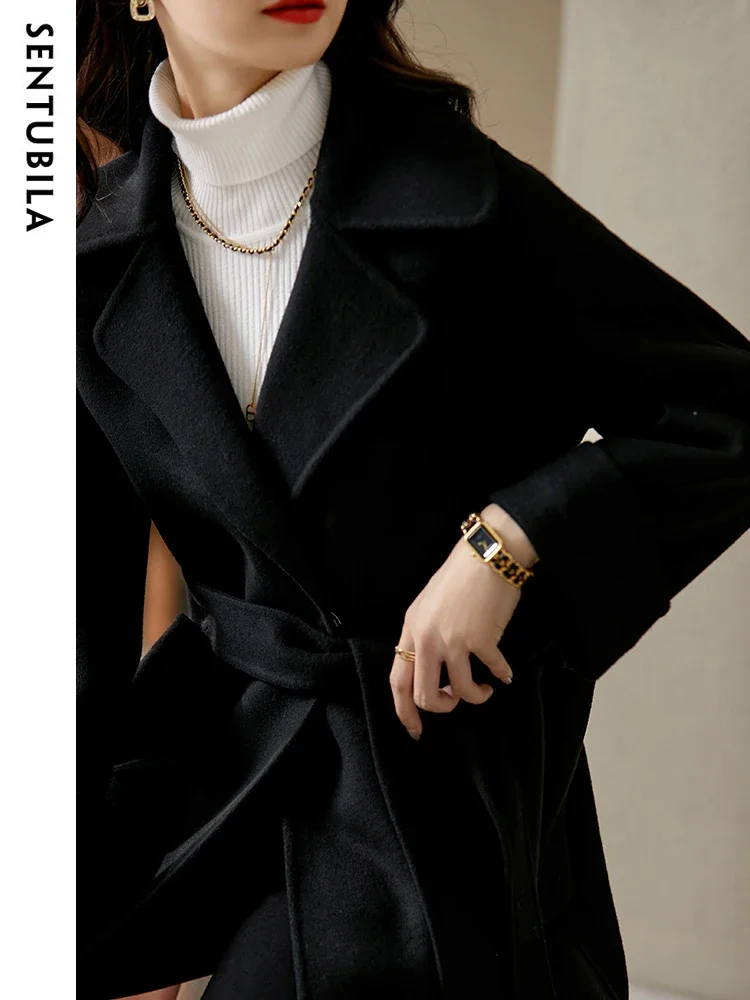 SENTUBILA ผู้หญิงเสื้อขนสัตว์ฤดูหนาว Elegant Turn-Down COLLAR Double-Faced เปิด Overcoat เสื้อเดินทางสําหรับผู้หญิง W24O42199