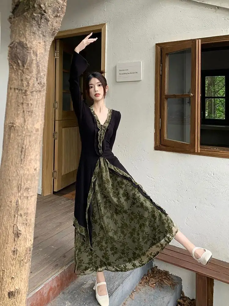 Nieuwe Chinese stijl v-hals vest met lange mouwen dames herfst elastische taille rok tweedelige set