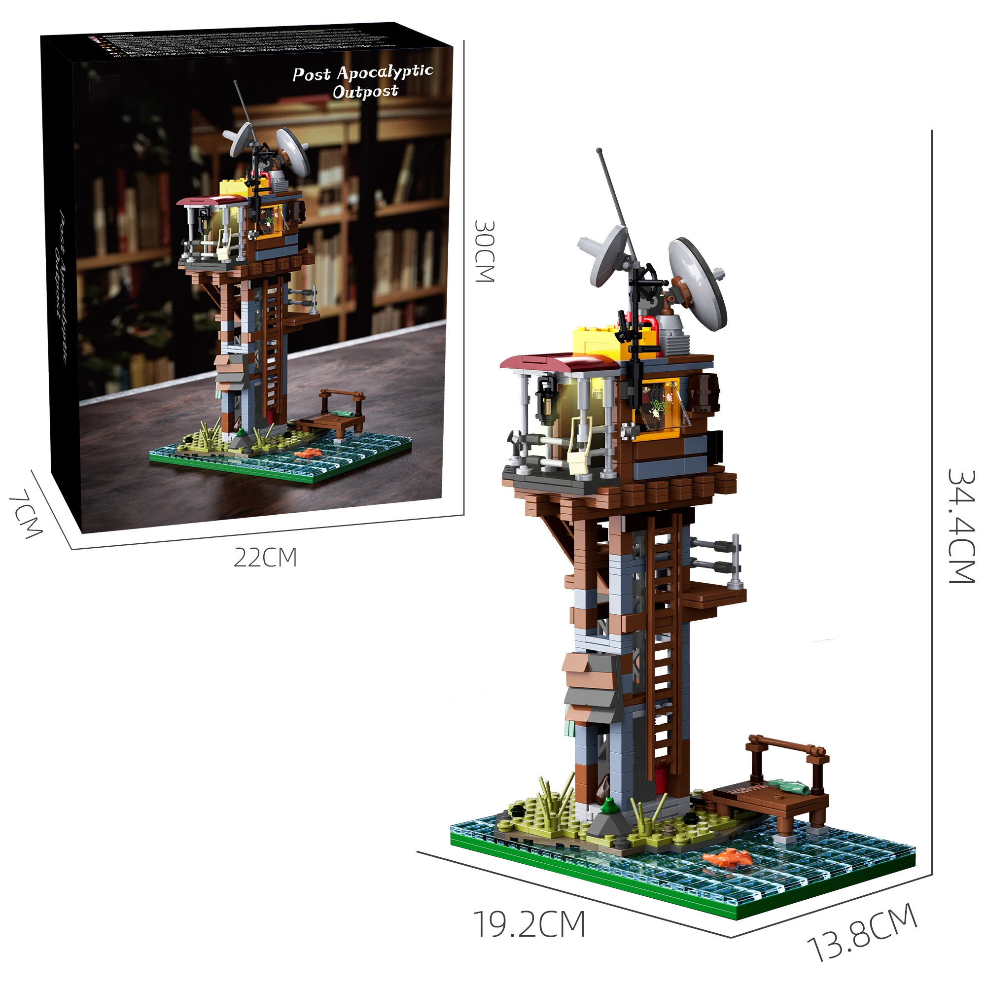Blocs de construction Poste de survie Apocalypses Zombi, Tour de garde avec éclairage, Antenne radio, Quai, Décor de scène aquatique, Cadeau