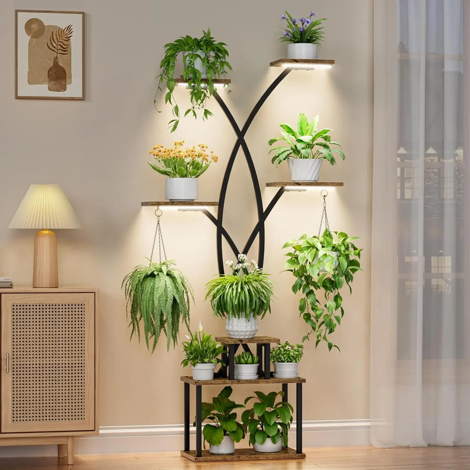 Soporte para plantas de interior de 66" de alto con luz de cultivo - Estante para plantas de metal de 7 niveles para interiores, soportes para plantas para plantas de interior múltiples, árbol S